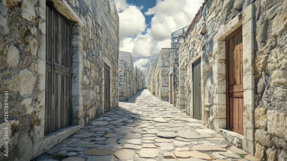 Sunlit cobblestone street in a historic stone village. Sunlit cobblestone street in a historic stone village.