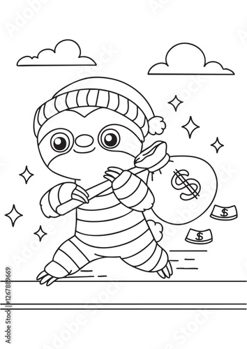 Coloring book  sloth burglar making a getaway with loot. Perfect for kids and playful coloring