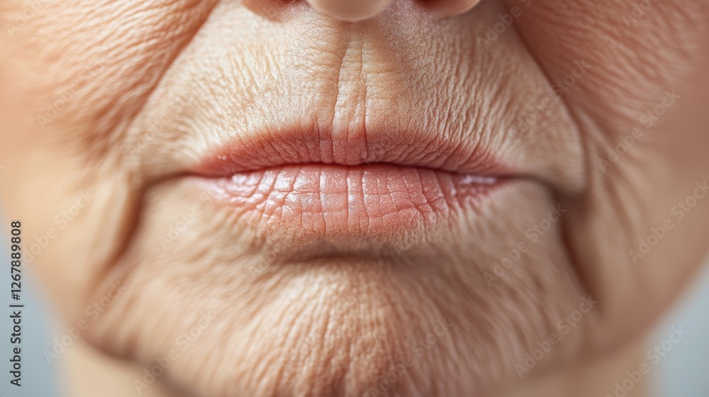 Obraz premium Closeup of mature caucasian female's wrinkled skin and lips. Cosmetic and Medical Injectables. Beauty injection, Anti-Wrinkle. Menopause Skin Care