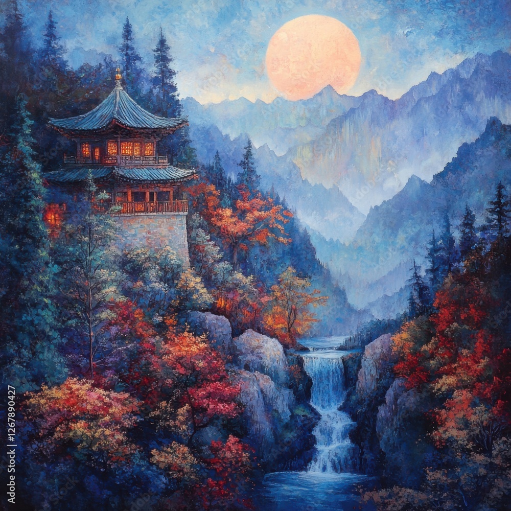 Obraz premium Tranquil Mountain Landscape with Pagoda and Waterfall at Sunset