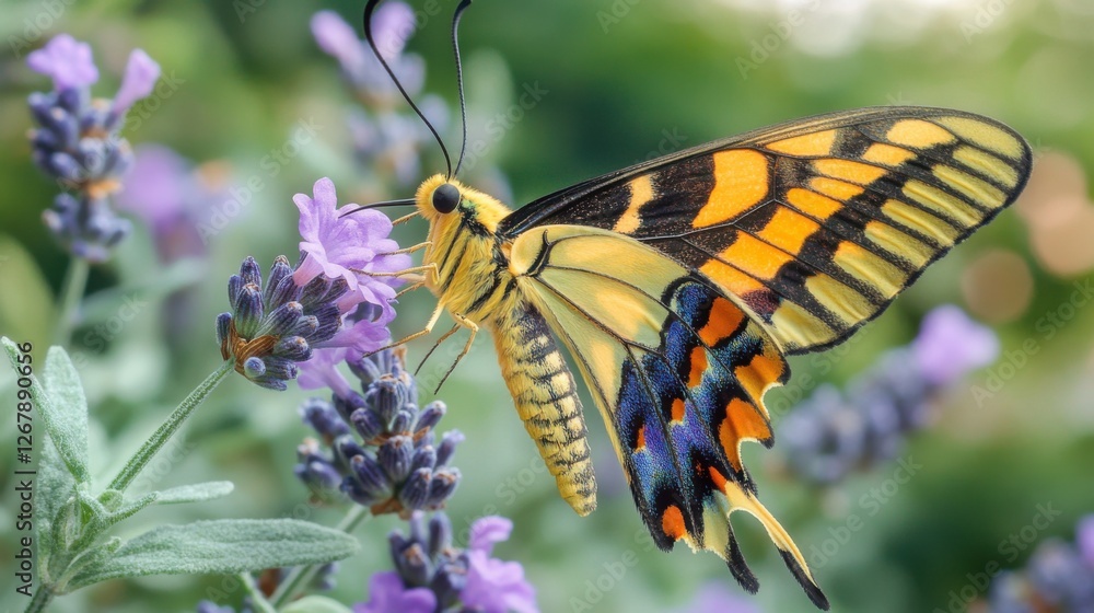 Vibrant Butterfly Pollinating Lavender Flowers in Nature's Garden Vibrant Butterfly Pollinating Lavender Flowers in Nature's Garden