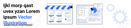 E-commerce storefront with a striped awning and webpage elements alongside data analysis charts, pie graphs, and gears in the background. Ideal for online business, marketing, website design