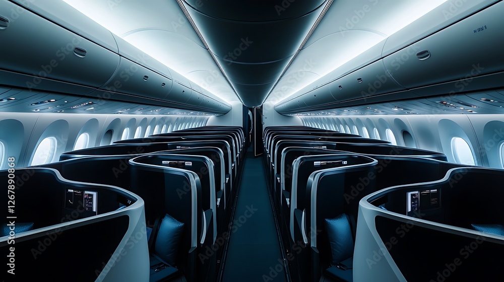 Sleek aircraft cabin showcasing ambient blue lighting wallpapers Sleek aircraft cabin showcasing ambient blue lighting wallpapers