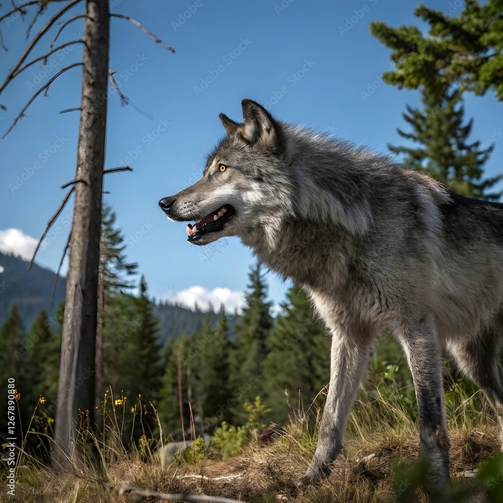 Majestic Jungle Wolf Roaming Through Dense Greenery with Fierce Eyes and a Wild, Mysterious Presence Majestic Jungle Wolf Roaming Through Dense Greenery with Fierce Eyes and a Wild, Mysterious Presence