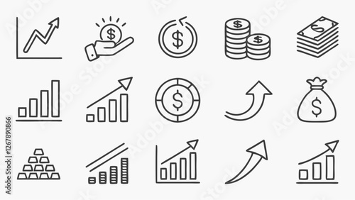 Financial profit set of web icons in line style. Money income linear icon collection. Containing money savings, finance, growth, investment, payment, earnings, management and more. Editable stroke