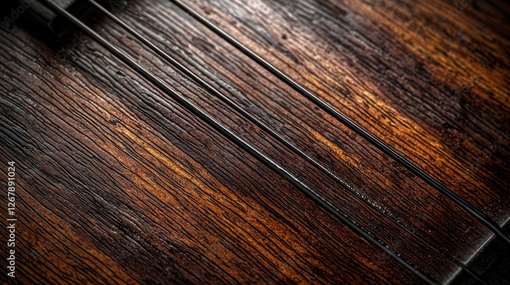 Fototapeta premium Close-up of aged wooden banjo top with strings