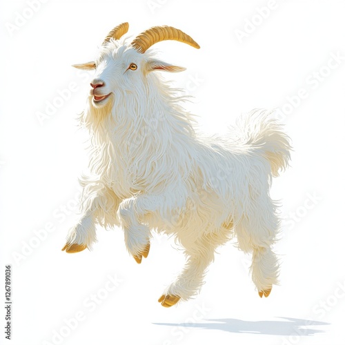 Cheerful White Goat Joyfully Leaping in Bright White Background