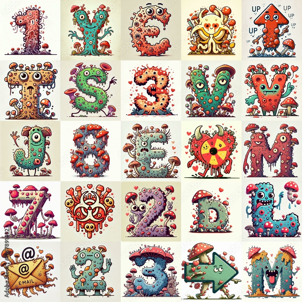 Obraz premium Cartoon Fungus Monster Lettering Typeface. Love concept. AI generated illustration