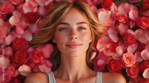 Woman Lying in a Bed of Roses Valentine's Day Background Fashion Photography Red White Pink Dress Beautiful Artistic Wallpaper Background Image Photo