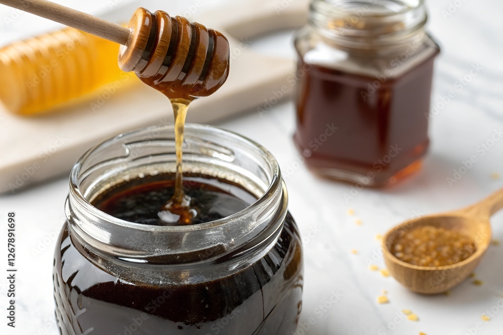 Close-up of honey dripping from a wooden honey dipper into a glass jar. Close-up of honey dripping from a wooden honey dipper into a glass jar.