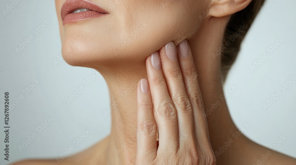 Close-up of female adult caucasian face and hand displaying smooth skin. Facial Fillers and Cosmetic Injections. Anti-wrinkle injections, Botox and fillers Close-up of female adult caucasian face and hand displaying smooth skin. Facial Fillers and Cosmetic Injections. Anti-wrinkle injections, Botox and fillers