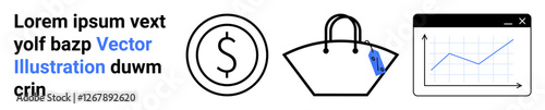 Dollar symbol, shopping bag with a tag, upward-trending line chart in browser window. Ideal for growth, e-commerce, finance, sales strategy, online shopping, business analysis flat landing page