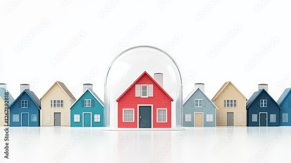 Colorful Homes Under Protection With A Red House In A Dome Colorful Homes Under Protection With A Red House In A Dome
