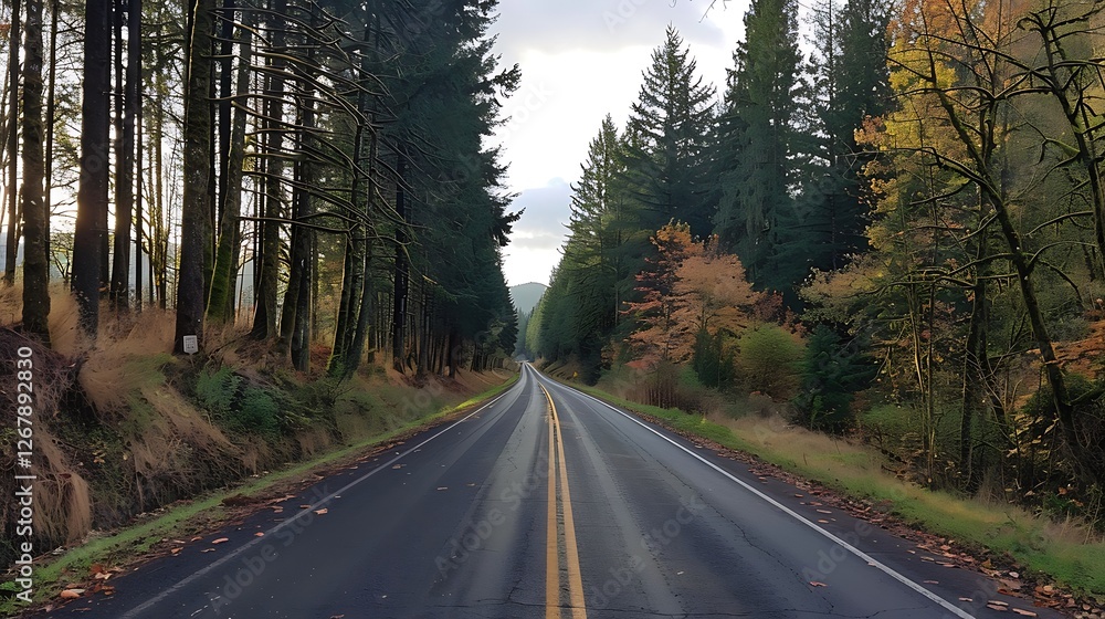 A peaceful two-lane road lined with tall trees during autumn A peaceful two-lane road lined with tall trees during autumn