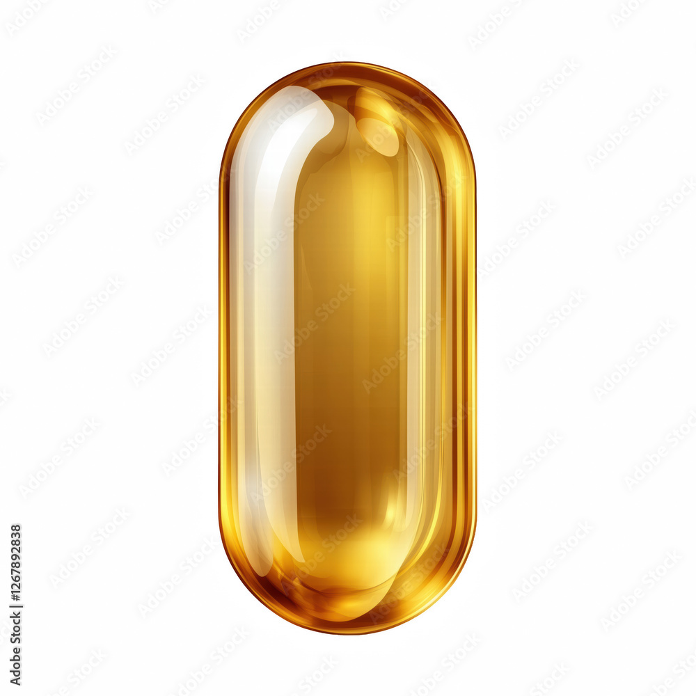Realistic golden gel capsule, transparent softgel vitamin supplement. Isolated on transparent background. Generative Ai.