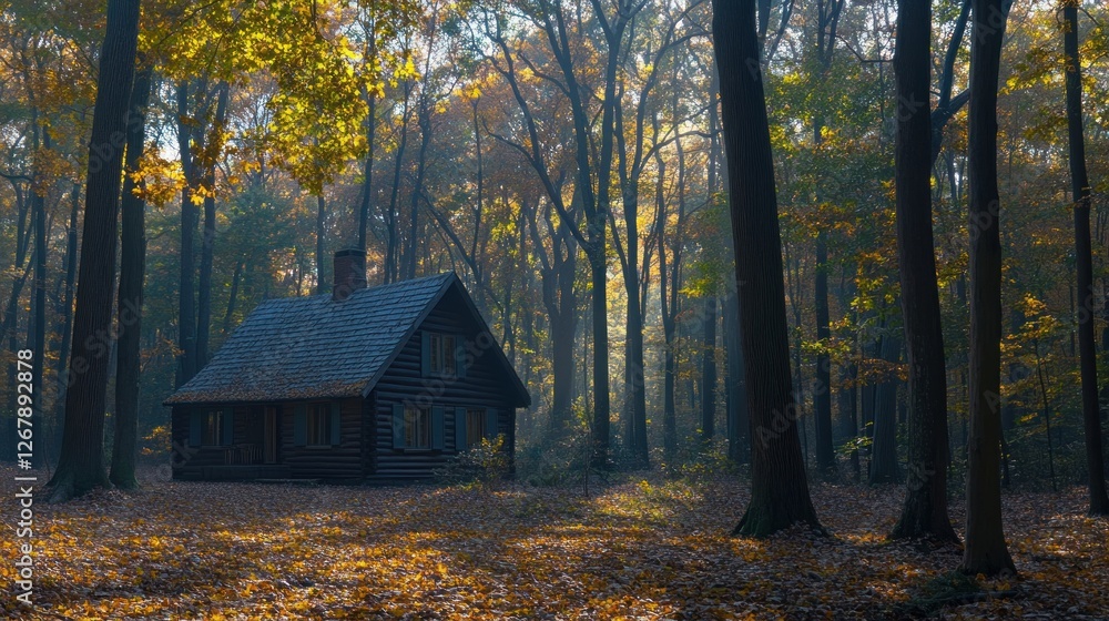 Log Cabin Nestled Deep Within An Autumn Forest Log Cabin Nestled Deep Within An Autumn Forest