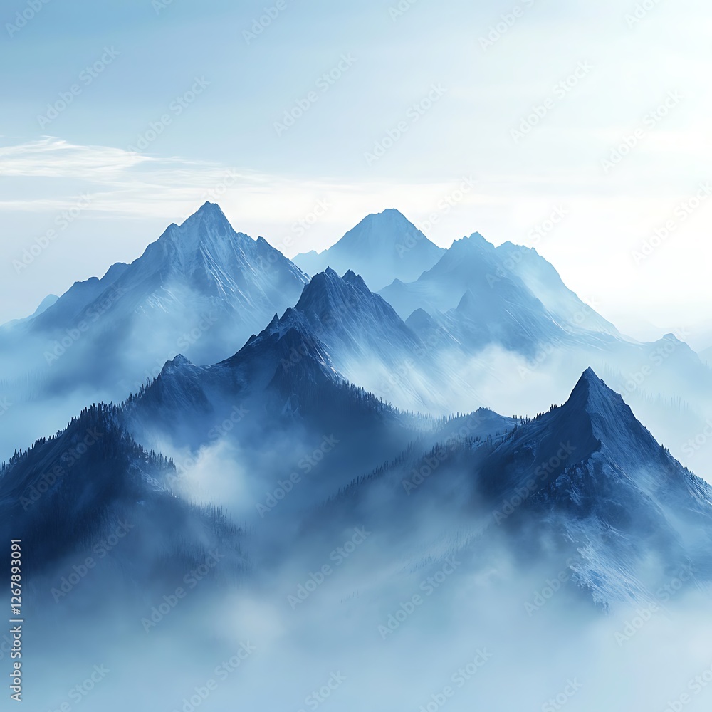 Foggy Dawn Mountain Majestic Cool Atmosphere Realistic Landscape