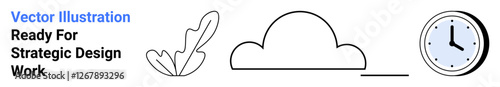 Abstract leaf, cloud, thin line, and analog clock, simple and versatile shapes. Ideal for environment, time management, sustainability, weather nature design flat landing page banner