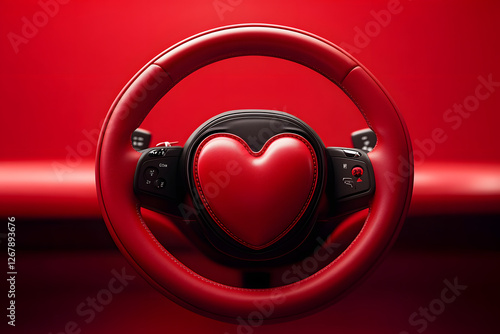 Red steering wheel with heart shape airbag on red background, celebrating love for cars and driving photo