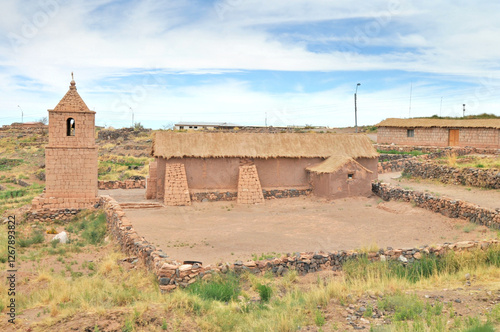 Colonial Old church in Socaire town  located on Chilean Atacama Desert photo