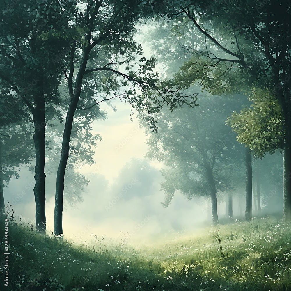Misty Fog Rolling Tranquil Forest Early Morning Dew-Kissed Trees