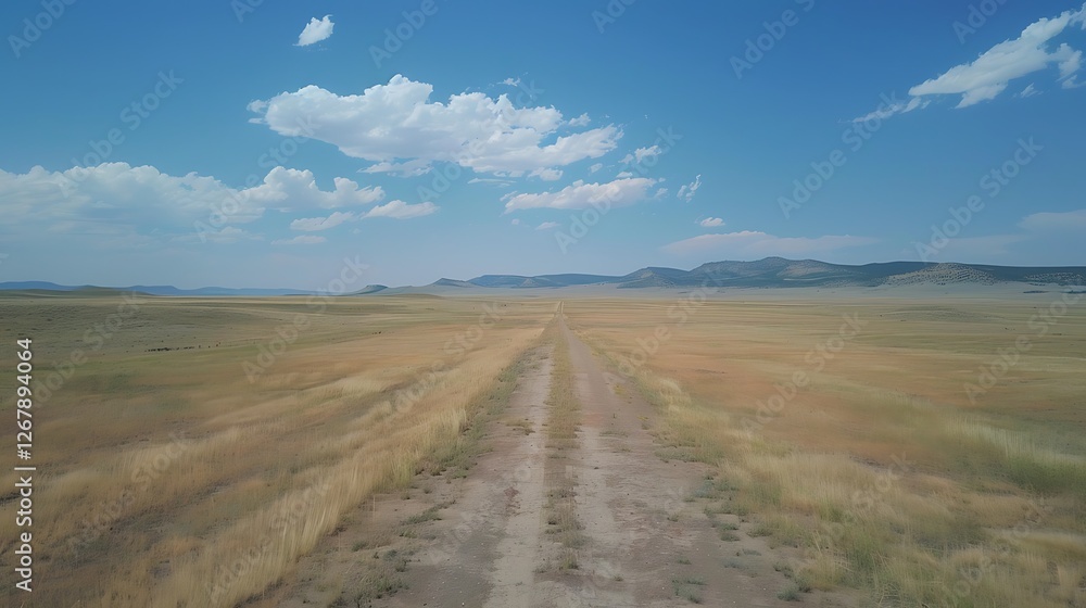 A remote road stretching across a flat plain with a vast sky above and a distant mountain range A remote road stretching across a flat plain with a vast sky above and a distant mountain range