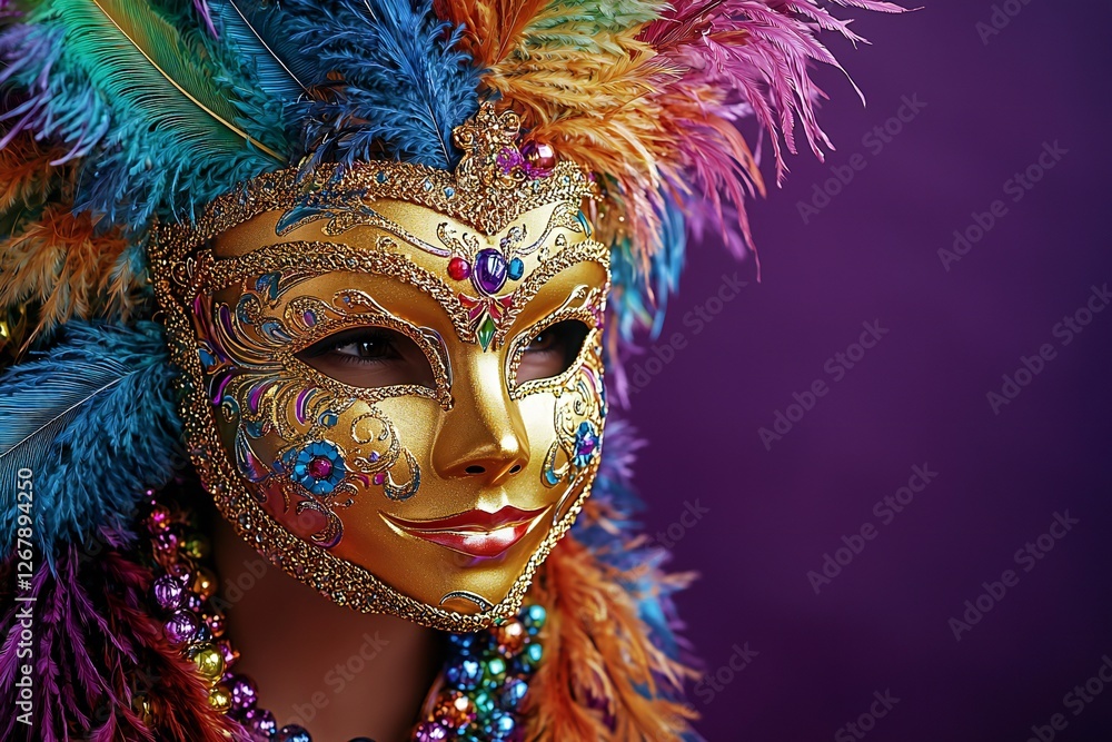 Mardi Gras Background Elegant Gold Venetian Mask with Colorful Feathers and Beads for Festive Celebration Mardi Gras Background Elegant Gold Venetian Mask with Colorful Feathers and Beads for Festive Celebration