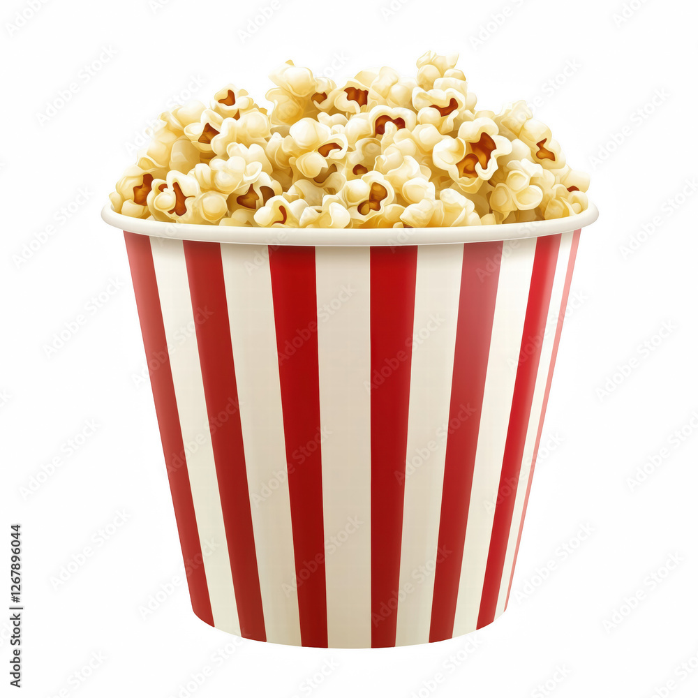 Realistic popcorn in a striped red and white paper container. Perfect for movie night or snacking. Isolated on transparent background. Generative Ai. Realistic popcorn in a striped red and white paper container. Perfect for movie night or snacking. Isolated on transparent background. Generative Ai.