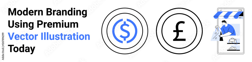 Dollar and pound currency icons next to a storefront illustration with a cashier. Ideal for finance, e-commerce, global trade, small business, payment systems, branding, flat landing page banner Dollar and pound currency icons next to a storefront illustration with a cashier. Ideal for finance, e-commerce, global trade, small business, payment systems, branding, flat landing page banner
