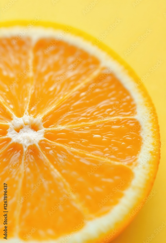 Juicy orange slice showing refreshing pulp and rind on yellow background Juicy orange slice showing refreshing pulp and rind on yellow background