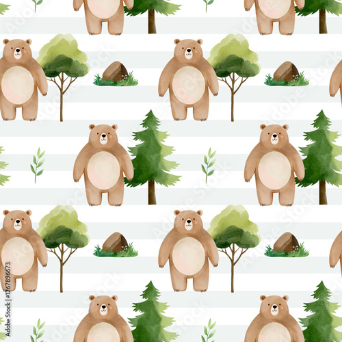 Seamless pattern with cute watercolor bear and pine. Forest wildlife backgrounds. Watercolor woodland