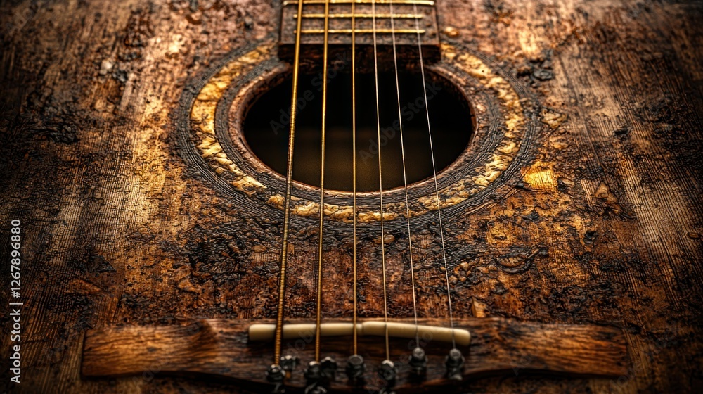 Naklejka premium Close-up of weathered acoustic guitar soundhole