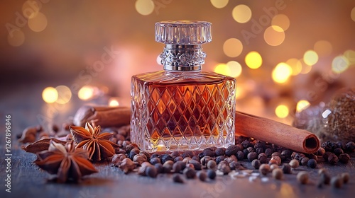 Warm Spice-Scented Perfume Bottle Surrounded by Aromatic Spices photo