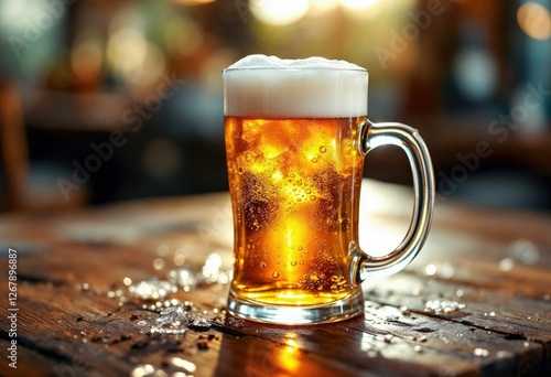 Cold beer is sitting on a wooden table in a pub at sunset photo