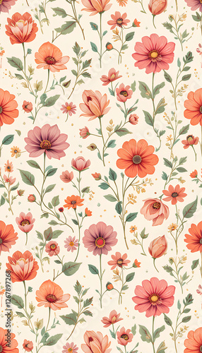 Wallpaper Mural Vintage floral pattern with small orange, red, and pink flowers on a white background, seamless ditsy print for fabric and wallpaper Torontodigital.ca