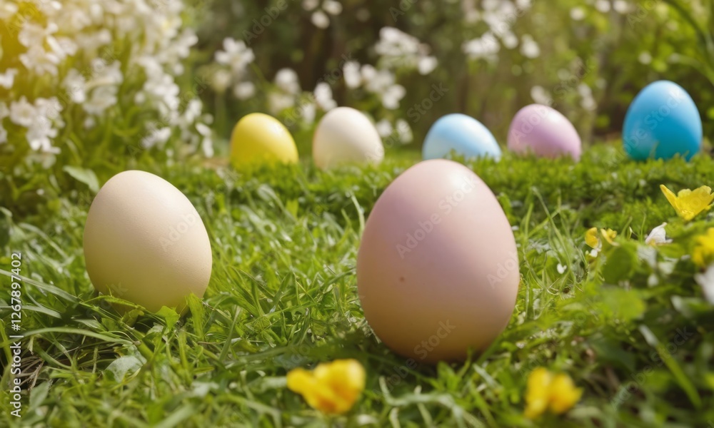Colorful pastel eggs nestled in a lush green garden, evoking a cheerful spring atmosphere. Colorful pastel eggs nestled in a lush green garden, evoking a cheerful spring atmosphere.