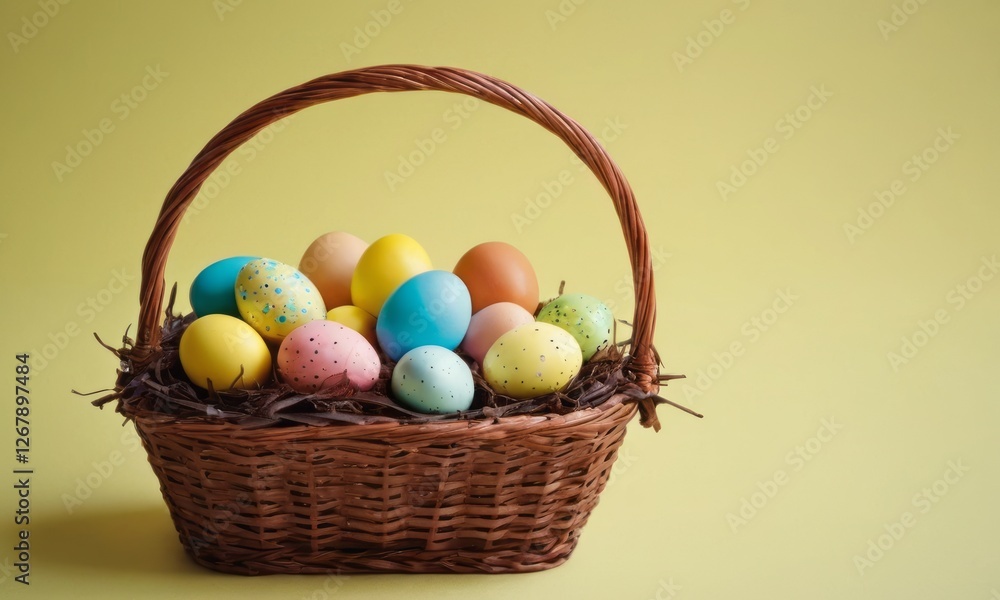 Colorful Easter eggs arranged in a woven basket against a cheerful yellow background. Colorful Easter eggs arranged in a woven basket against a cheerful yellow background.