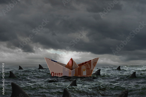 Boat made of Euro banknote paper is surrounded by sharks photo