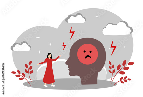 The concept of depression, low mood, psychological problems, PMS, and negative thoughts. A head with a sad smiley face and lightning. A woman in depression