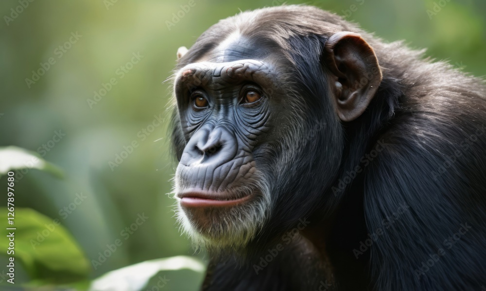 A close-up of a thoughtful chimpanzee gazing into the distance amidst lush greenery. A close-up of a thoughtful chimpanzee gazing into the distance amidst lush greenery.