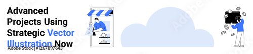 Online storefront under a striped canopy, digital cloud, and person securing data in briefcase. Ideal for e-commerce, cloud storage, data security, technology, business growth, fintech flat landing