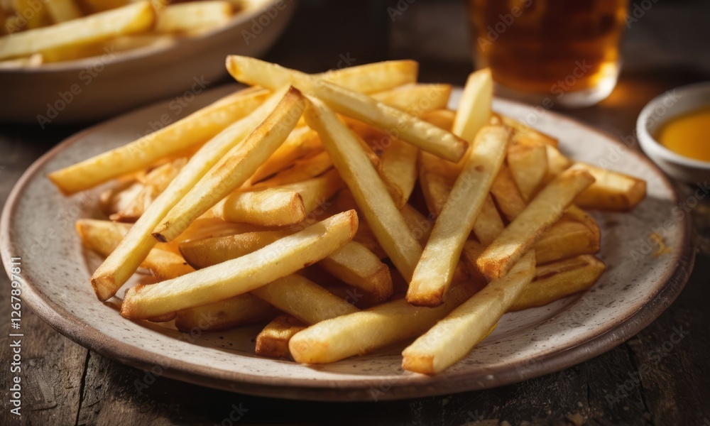 Golden crispy French fries served on a rustic plate, perfect for sharing or enjoying solo. Golden crispy French fries served on a rustic plate, perfect for sharing or enjoying solo.