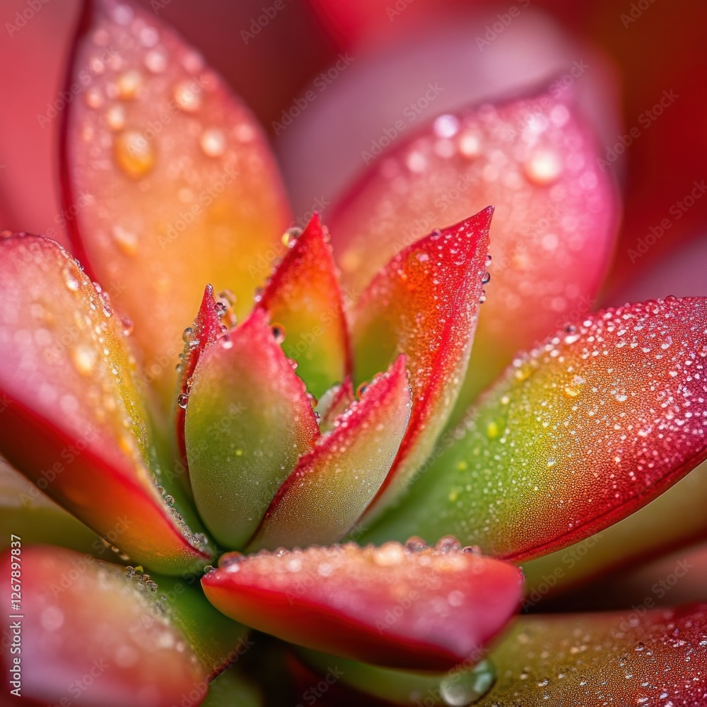 Close-up succulent with dew drops, vibrant colors, blurred background Close-up succulent with dew drops, vibrant colors, blurred background