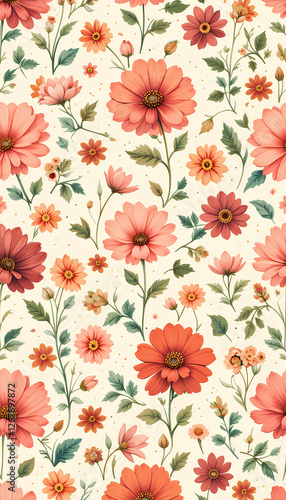 Wallpaper Mural Vintage floral pattern with small orange, red, and pink flowers on a white background, seamless ditsy print for fabric and wallpaper Torontodigital.ca