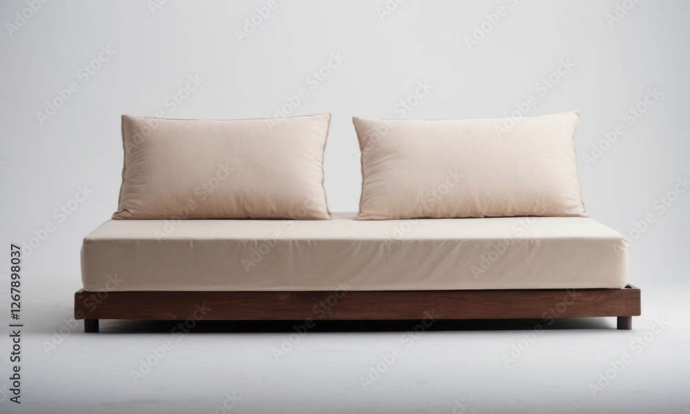 Obraz premium A stylish minimalist sofa with soft cream cushions, perfect for modern living spaces.