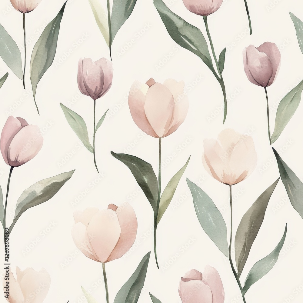 Obraz premium Delicate Watercolor Tulips Pale Hues Seamless Pattern Tender Floral Design Subtle Botanical Illustration