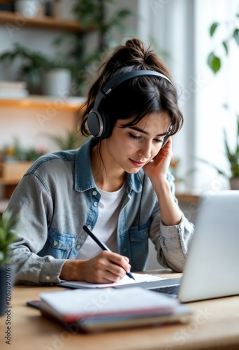 Focused female student listening music while learning online at home