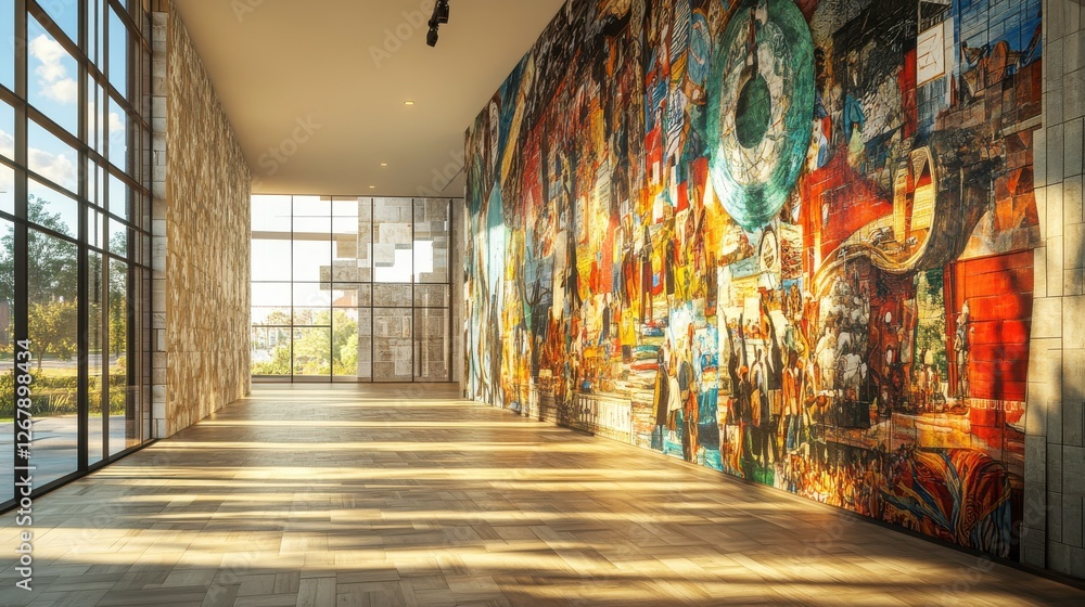 Naklejka premium A modern interior featuring a vibrant mural on one wall, large windows letting in natural light, and a spacious, minimalist design.