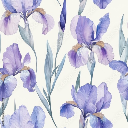 Elegant Floral Pattern featuring Watercolor Purple Irises and Botanical Leaves in a Seamless Design