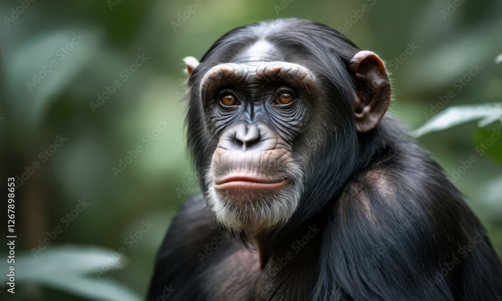 A close-up portrait of a chimpanzee, showcasing its expressive eyes and lush black fur amidst a green backdrop. A close-up portrait of a chimpanzee, showcasing its expressive eyes and lush black fur amidst a green backdrop.